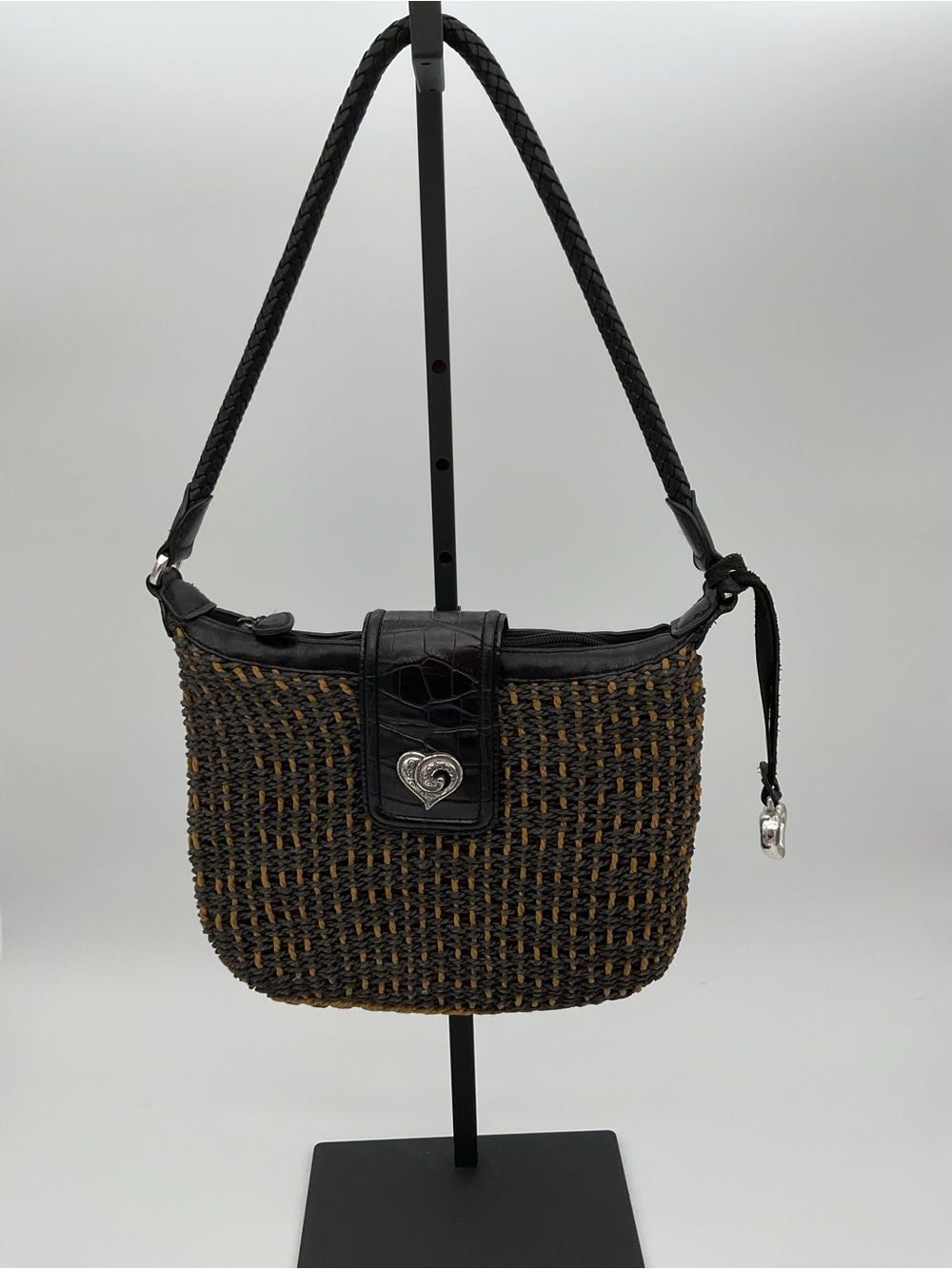 Brighton Black & Brown Woven Shoulder Bag with Heart Clasp